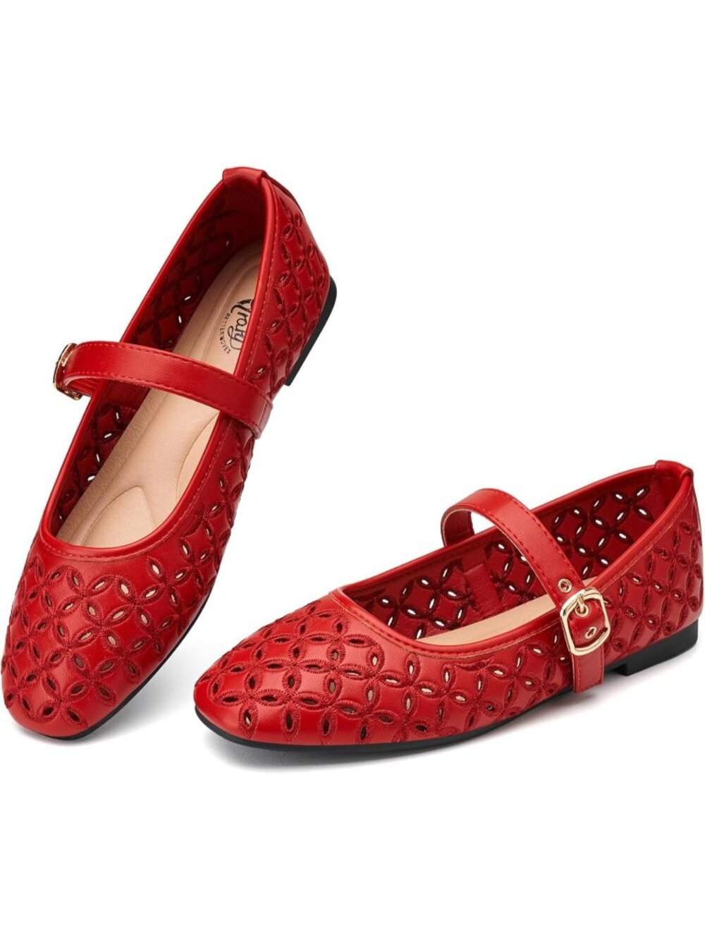Women's Red Mary Jane Hollow Flats Round Toe Ankle Strap Comfortable Shoes